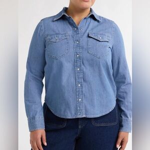 Elegant Blue Denim Button-Up Blouse